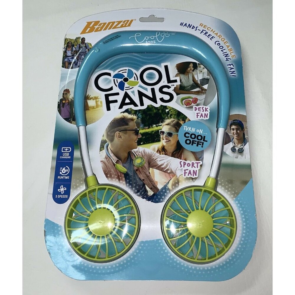 Banzai Cool Fans Portable Hanging Neck Sport USB Rechargeable Personal Blue Lime